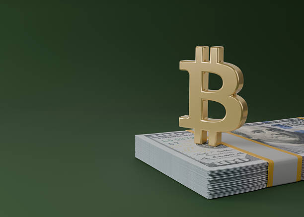 istock Golden Bitcoin Symbol on Stack of US Dollar Bills Element  Cryptocurrency and Financial Investment Concept. 3d render 2242534188
