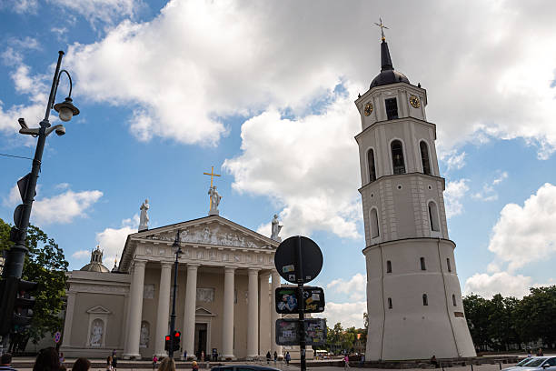 Vilnius, Lithuania - July 01, 2015 - Vilnius cathedral and bell tower with blue sky and clouds.