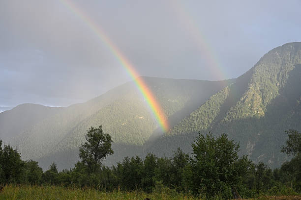 A picturesque double rainbow in the sky above a wooded mountain range