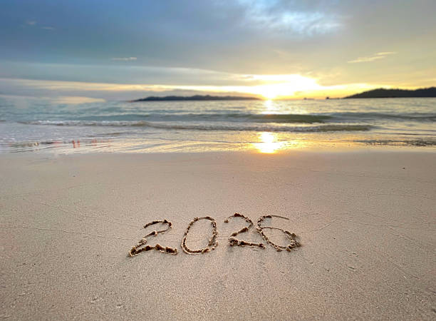 istock 2026 written on the beach sand with a beautiful sunset view. New Year concept. 2242547997