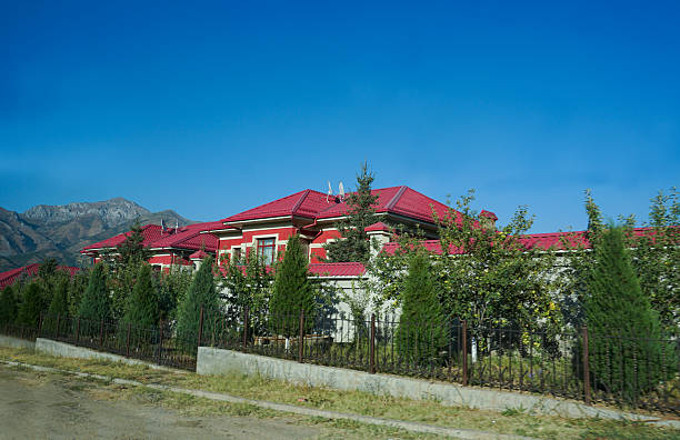 landscape of modern building near pond at dusk