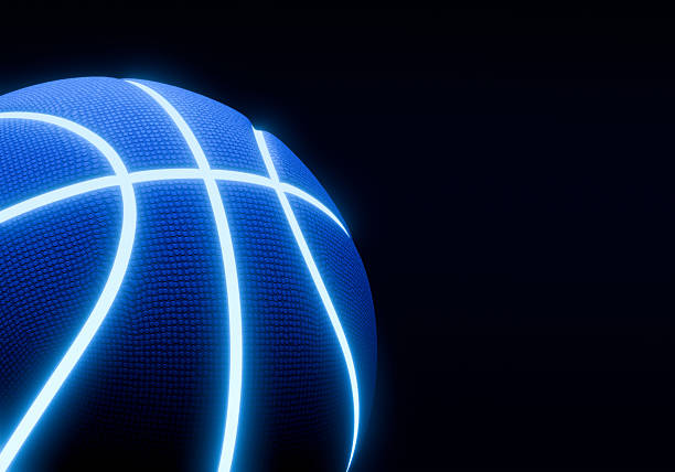 istock Blue basketball with bright glowing neon lines on a black background 2242566577