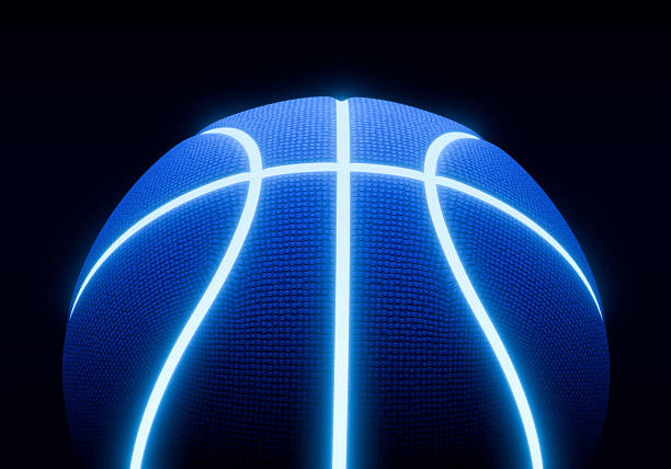 istock Blue basketball with bright glowing neon lines on a black background 2242566579