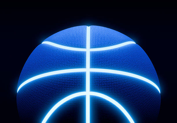 istock Blue basketball with bright glowing neon lines on a black background 2242566582
