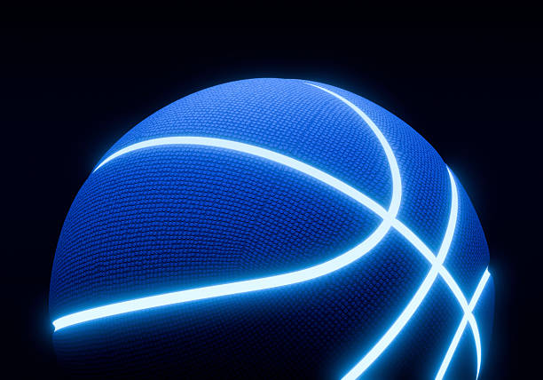 istock Blue basketball with bright glowing neon lines on a black background 2242566603