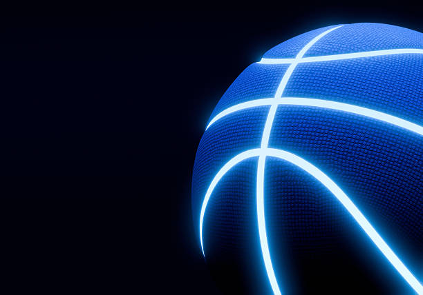 istock Blue basketball with bright glowing neon lines on a black background 2242566607