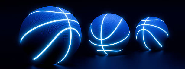 istock Blue basketball with bright glowing neon lines on a black background 2242566634