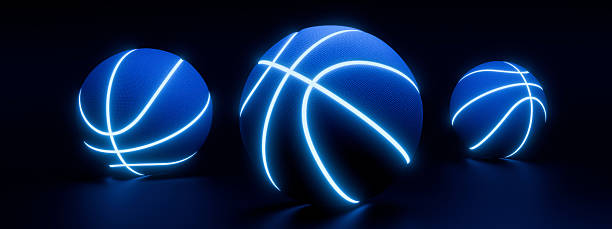 istock Blue basketball with bright glowing neon lines on a black background 2242566641
