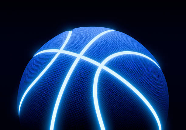 istock Blue basketball with bright glowing neon lines on a black background 2242566647