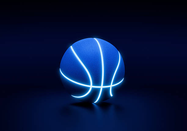 istock Blue basketball with bright glowing neon lines on a dark background 2242566648