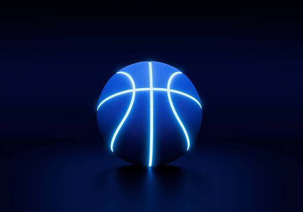 istock Blue basketball with bright glowing neon lines on a dark background 2242566665