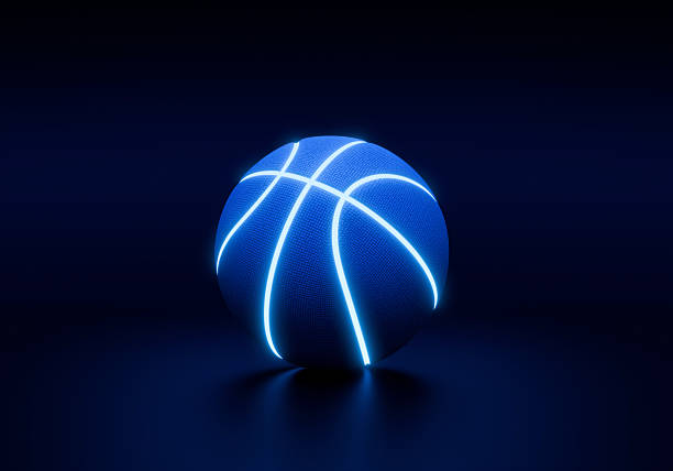 istock Blue basketball with bright glowing neon lines on a dark background 2242566670