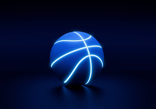 istock Blue basketball with bright glowing neon lines on a dark background 2242566674