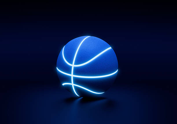 istock Blue basketball with bright glowing neon lines on a dark background 2242566680