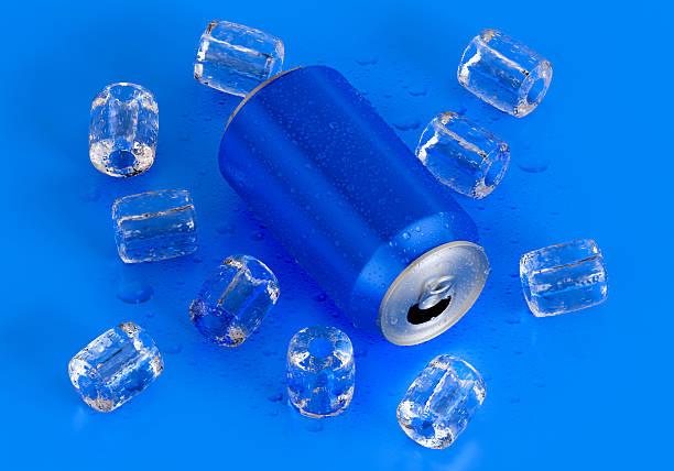 istock Open Blue Refreshing canned drink, and ice cubes on blue background 2242566846