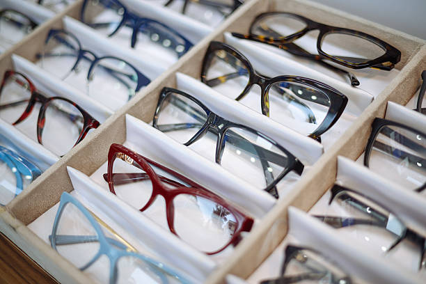 Glasses, eye care and optometry store or shelf with optical, frame and lens choice on display. Specs, eyeglasses and optics retail shop or ophthalmology clinic for eyesight, vision and health