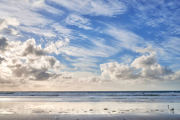 Tranquil coastal landscape featuring soft waves gently lapping against the reflective sandy shore while feathery clouds spread across a vivid blue sky, evoking a peaceful and relaxing ambiance for admirers.