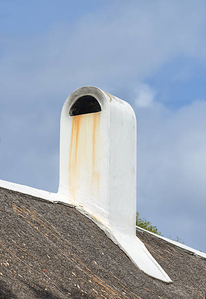 Classic whitewashed chimney standing on a beautifully weathered thatched roof, showcasing timeless architectural style. A striking contrast of texture and color, evoking stories of pastoral heritage and rustic charm.