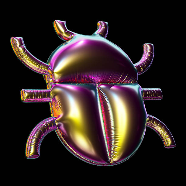 A vibrant, iridescent balloon of a beetle with metallic, rainbow hues on a deep black backdrop. Bold, futuristic design ideal for art, decoration, and creative product visuals.