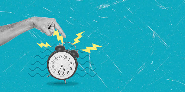istock Art collage, Person pointing at alarm clock with sound effects on a bright blue background showcasing urgency and time awareness 2242573152