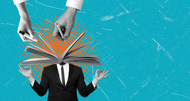 istock Art collage, Creative representation of knowledge and mindfulness with a book and a suited figure meditating 2242573170