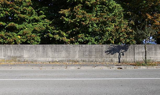 istock Concrete fence with high tree above. Sidewalk and street in front. 2242575385