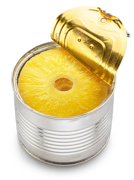 istock Pineapple rings in a tin can isolated on white background. Clipping path 2242576082