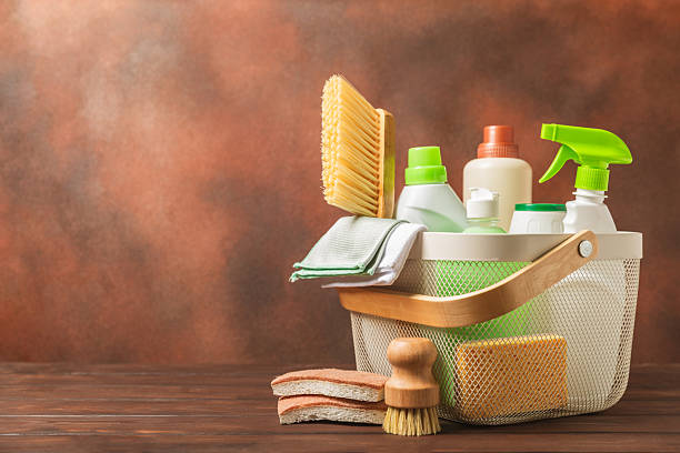 istock Eco cleaning.Cleaning products on a textured background. Eco-friendly home cleaning. A bottle of natural detergent surfaces, eco brushes, sponges, and rags. Cleaner concept.Cleaning supplies.Flat lay. 2242579110