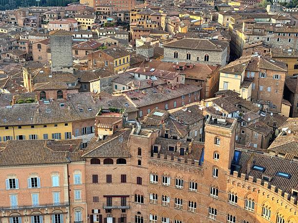 Aerial view of cityscape on an autumn morning, Siena, Italy