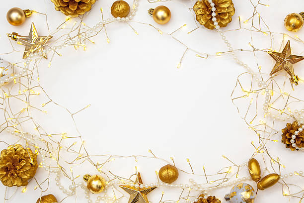 istock Christmas lights and gold baubles on white background. Copy space for festive greeting or design. 2242584391