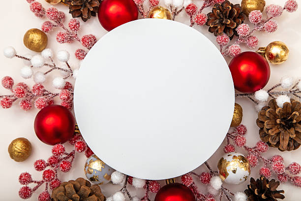 istock Empty round mockup in a Christmas composition with baubles, pinecones and berries. Space for logo, text or holiday message. 2242584434
