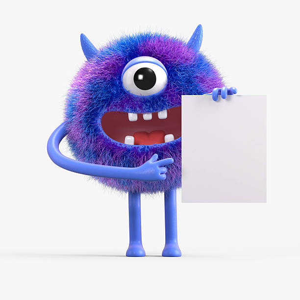 istock Fluffy, cute monster holds a blank sign. 2242585814