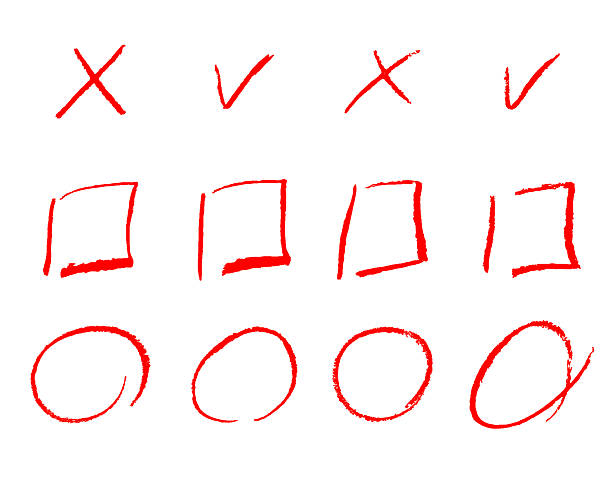istock Red cross and tick mark with pencil circle, square hand drawn box. Check and x crayon vector for list, correct and wrong exam vote. Grunge thin png illustration brush scribble. Handwritten sign. 2242588908