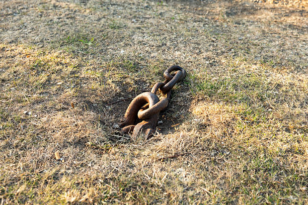 Rusty iron chain in the ground close-up. Meadow next to a river in Pirna, Germany. Old metal chain part for boats.