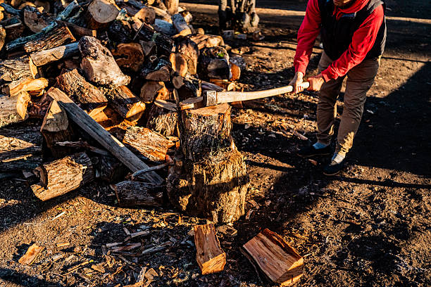 high angle view on axe sticking in wood log, stack of wood logs beside, snow around