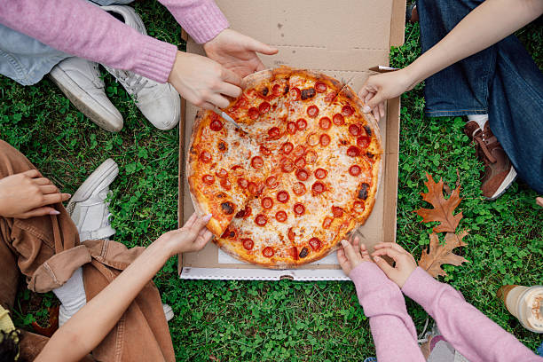 istock Joyful afternoon picnic with friends and pizza 2242595972