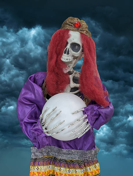 Mystical skeleton fortune teller holding crystal ball in dramatic clouds