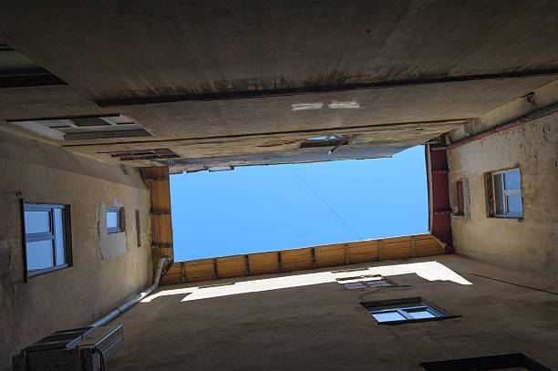 istock Courtyard view looking up at buildings and sky 2242599791