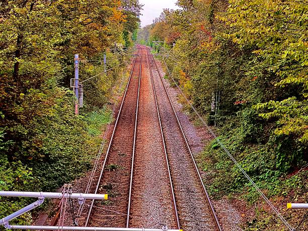 Directly above an empty electrified railway line with autumn colour trees and leaves