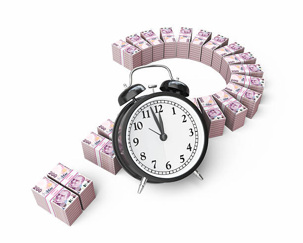 3d render Question Mark Shaped 200 Turkish Lira Banknotes and a Black Alarm Clock Showing 9 O'Clock, Object + Shadow Clipping Path, Economy and finance concepts