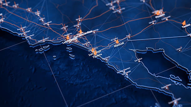 istock Tijuana map big data visualization. Futuristic map infographic of city in Mexico. Visual map data complexity in modern blue and orange colors 2242603376