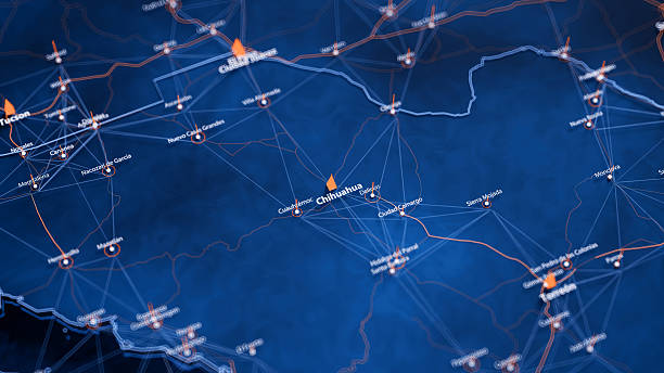 istock Chihuahua map big data visualization. Futuristic map infographic of city in Mexico. Visual map data complexity in modern blue and orange colors 2242603572