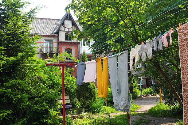 Facade of an old house with clothes hanging out to dry