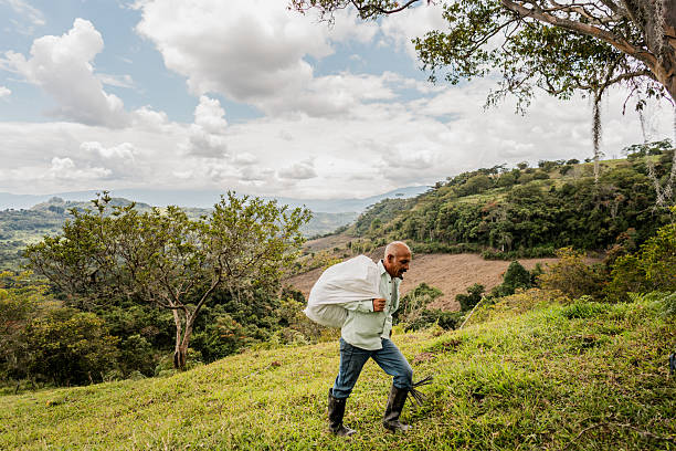 Farm worker walking carrying a bag on a farm