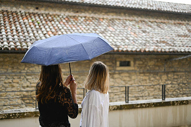 Two women sharing umbrella walking in the rain