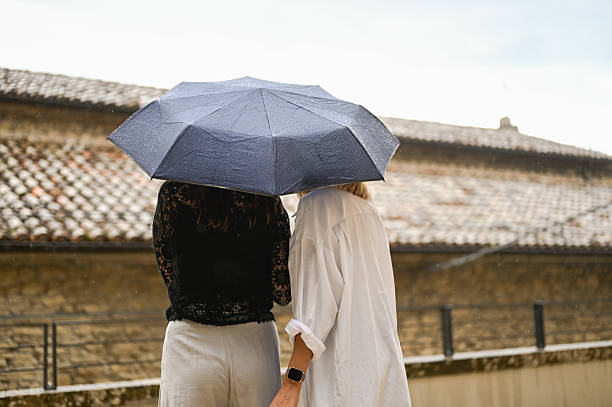 istock Women friends walking together under umbrella during rain 2242607183