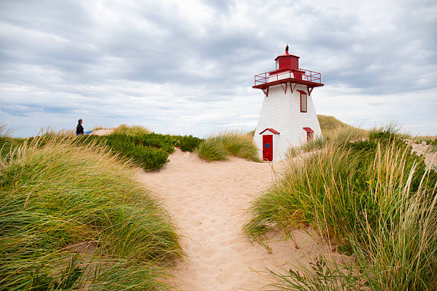 Canada Prince Edward Island   Covehead harbour lighthouse  female tourist taking photograph with smart phone