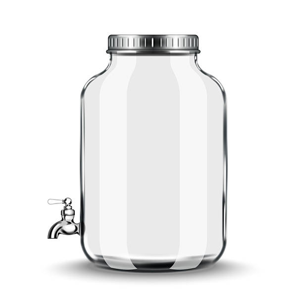 istock Realistic empty large glass dispenser beverage jar with chrome drink tap with metal lid 3d vector mockup side view, lemonade container or iced tea. 2242616514