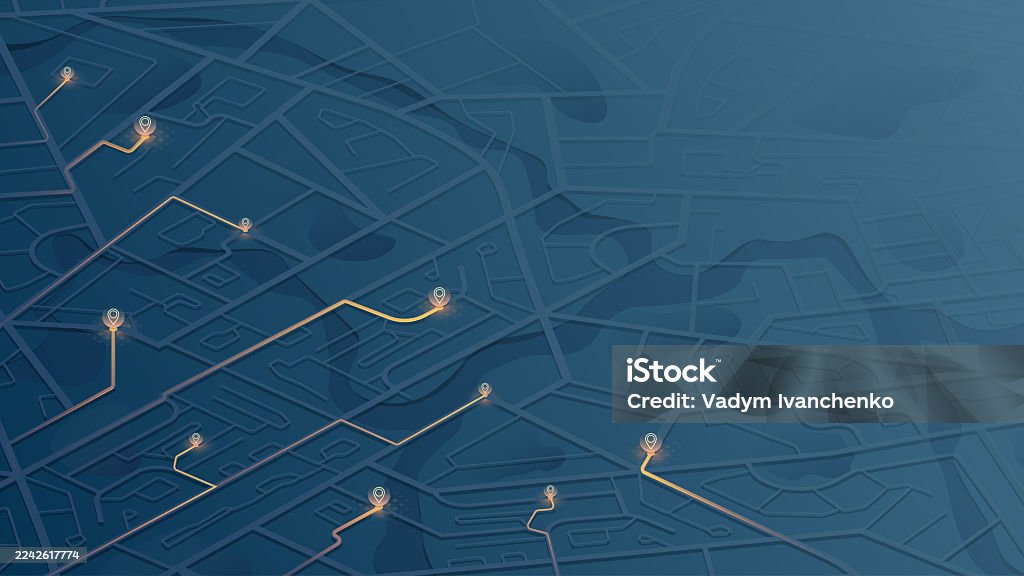 City route navigation on dark blue map with glowing path and location markers. GPS tracking and urban navigation technology concept. Vector illustration. Futuristic city navigation map showing a glowing route connecting several location pins on a dark blue background. Concept of GPS tracking, direction planning, and smart city navigation. Vector illustration. Abstract stock vector City route navigation on dark blue map with glowing path and location markers. GPS tracking and urban navigation technology concept. Vector illustration. Futuristic city navigation map showing a glowing route connecting several location pins on a dark blue background. Concept of GPS tracking, direction planning, and smart city navigation. Vector illustration. Abstract stock vector