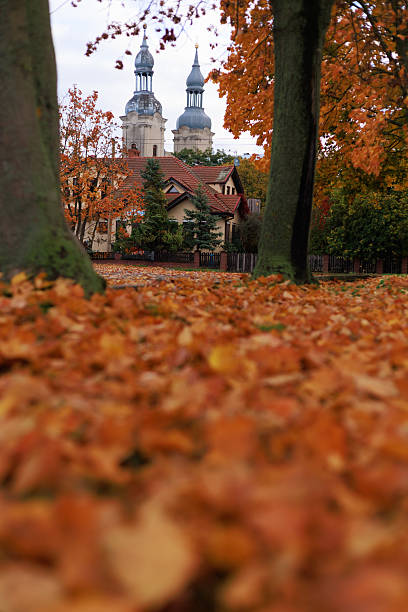 View of church towers framed by trees with autumn leaves. Concept of history, faith, nostalgia, and seasonal atmosphere.